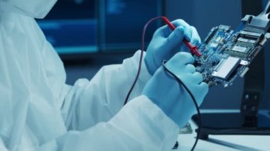 Mikro elektronik mühendisi, bilgisayar sistemleri ve mikroişlemciler üzerine modern bir bilim laboratuvarında çalışıyor. Elektronik fabrika işçisi ana kartı test ediyor ve yazılımı kodluyor..