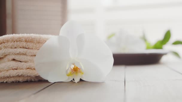 Uzdrowisko. Ręcznik, świece, kwiaty, kamienie do masażu i kulki ziołowe. Masaż, orientalna terapia, dobre samopoczucie i medytacja. — Wideo stockowe