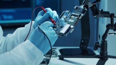 Mikro elektronik mühendisi, bilgisayar sistemleri ve mikroişlemciler üzerine modern bir bilim laboratuvarında çalışıyor. Elektronik fabrika işçisi ana kartı test ediyor ve yazılımı kodluyor..