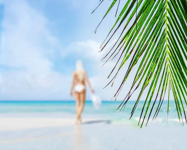 漂亮、年轻、快乐的金发女人穿着白色泳衣在海滩上散步。合身性感的比基尼时装模特。旅行和避暑胜地. — 图库照片