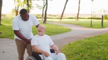 Afro-Amerikalı bakıcı ve tekerlekli sandalyedeki yaşlı engelli adam. Parktaki profesyonel hemşire ve özürlü hasta. Yardım, rehabilitasyon ve sağlık hizmetleri.