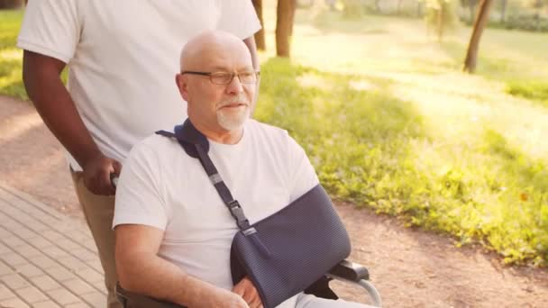 Afro-Amerikaanse verzorger en oude gehandicapte man in een rolstoel. Professionele verpleegkundige en gehandicapte patiënt in het park. Bijstand, revalidatie en gezondheidszorg. Gouden uur zonsondergang. — Stockvideo