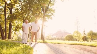 Afro-Amerikalı bakıcı engelli ihtiyara Walker 'la yürümeyi öğretiyor. Parktaki profesyonel hemşire ve özürlü hasta. Yardım, rehabilitasyon ve sağlık hizmetleri. Altın saat gün batımı.