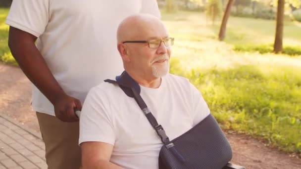 Afro-Amerikaanse verzorger en oude gehandicapte man in een rolstoel. Professionele verpleegkundige en gehandicapte patiënt in het park. Bijstand, revalidatie en gezondheidszorg. Gouden uur zonsondergang. — Stockvideo