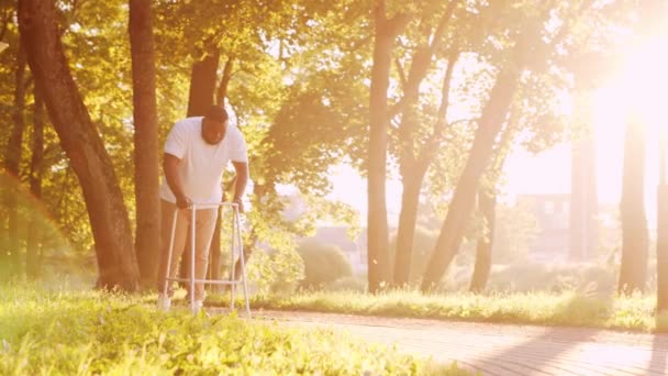 De gehandicapte Afro-Amerikaanse man loopt met een wandelaar. Gehandicapte patiënt in het park. Bijstand, revalidatie en gezondheidszorg. Gouden uur zonsondergang. — Stockvideo