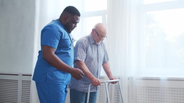 Afro Amerikaanse Verzorger Leert Gehandicapte Oude Man Lopen Met Walker — Stockvideo