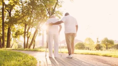 Afro-Amerikalı bakıcı engelli ihtiyara Walker 'la yürümeyi öğretiyor. Parktaki profesyonel hemşire ve özürlü hasta. Yardım, rehabilitasyon ve sağlık hizmetleri kavramı. Altın saat