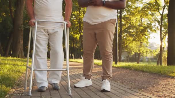 아프리카 미국인을 돌보는 사람은 장애인 노인에게 걷기를 가르치고 있습니다 간호사 — 비디오