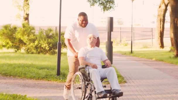 Afrikai-amerikai gondozó és egy tolószékes öregember. Hivatásos ápoló és mozgássérült beteg a parkban. Támogatás, rehabilitáció és egészségügyi ellátás. Arany óra naplemente. — Stock videók