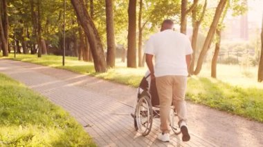 Afro-Amerikalı bakıcı ve tekerlekli sandalyedeki yaşlı engelli adam. Parktaki profesyonel hemşire ve özürlü hasta. Yardım, rehabilitasyon ve sağlık hizmetleri. Altın saat gün batımı.