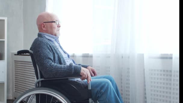 Cuidador afroamericano y anciano discapacitado en silla de ruedas. Enfermera profesional y paciente discapacitado en un hogar de ancianos. Asistencia, rehabilitación y asistencia sanitaria. — Vídeo de stock
