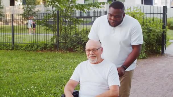 Afrikai-amerikai gondozó és egy tolószékes öregember. Hivatásos ápoló és mozgássérült beteg a parkban. Támogatás, rehabilitáció és egészségügyi ellátás. — Stock videók