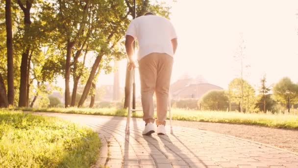 Un afroamericano discapacitado camina con un caminante. Paciente discapacitado en el parque. Asistencia, rehabilitación y atención médica. Atardecer hora dorada. — Vídeos de Stock