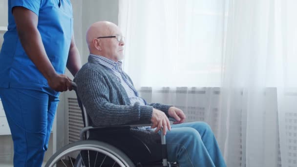 Cuidador afroamericano y anciano discapacitado en silla de ruedas. Enfermera profesional y paciente discapacitado en un hogar de ancianos. Asistencia, rehabilitación y asistencia sanitaria. — Vídeos de Stock