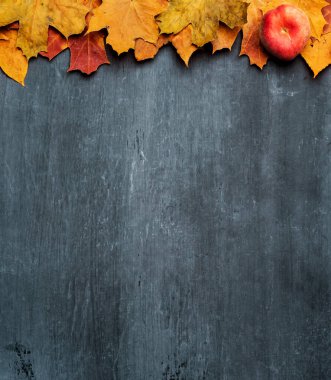 Sonbahar akçaağaç yaprakları eski dokularda. Düşen yapraklar doğal arkaplan. Mevsimlik arkaplan.