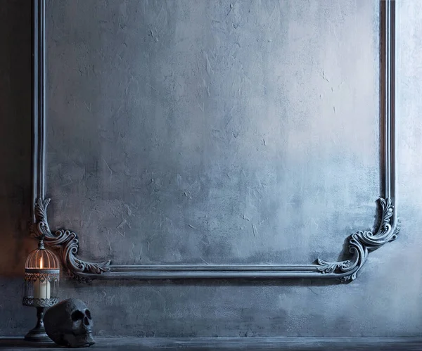 Mystical Halloween still-life background. Skull, candlestick with candles, old fireplace. Horror and witchery. — Stock Photo, Image