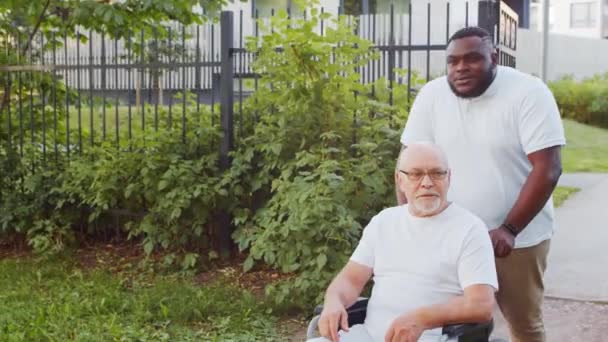 Cuidador afroamericano y anciano discapacitado en silla de ruedas. Enfermera profesional y paciente discapacitado en el parque. Asistencia, rehabilitación y asistencia sanitaria. — Vídeos de Stock