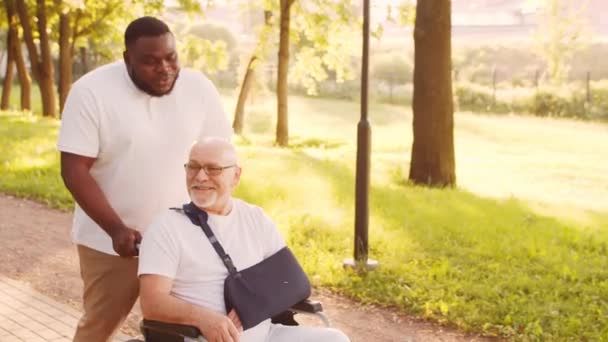 Afro-Amerikaanse verzorger en oude gehandicapte man in een rolstoel. Professionele verpleegkundige en gehandicapte patiënt in het park. Bijstand, revalidatie en gezondheidszorg. Gouden uur zonsondergang. — Stockvideo