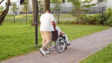 Afro-Amerikalı bakıcı ve tekerlekli sandalyedeki yaşlı engelli adam. Parktaki profesyonel hemşire ve özürlü hasta. Yardım, rehabilitasyon ve sağlık hizmetleri.