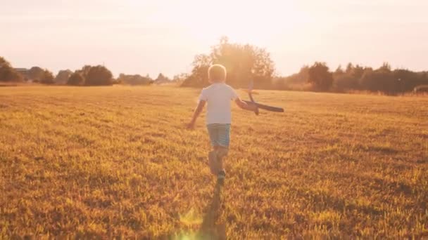 El chico juega con un avión de juguete en un campo al atardecer. El concepto de infancia, libertad e inspiración. — Vídeo de stock
