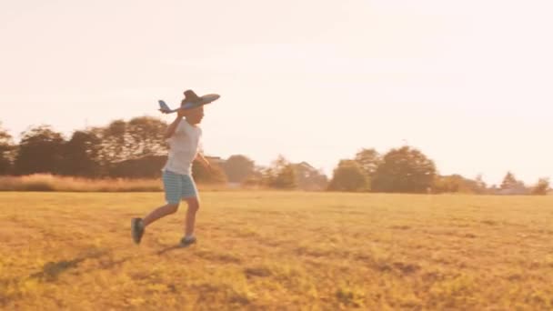 Garçon joue avec un avion jouet dans un champ au coucher du soleil. Le concept d'enfance, de liberté et d'inspiration. — Video