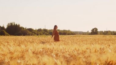 Günbatımında hamile bir kadın. Güzel bir genç kız bir çocuğun doğmasını umarak tarlada yürüyor. Annelik ve hamilelik kavramı.