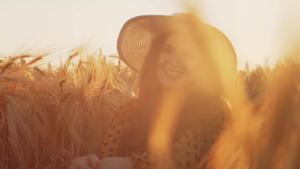 Gros plan portrait de belle jeune femme dans un champ. Visage féminin dans les rayons du coucher du soleil. Concept de liberté et de bonheur. — Video