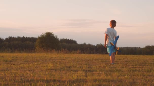 El chico juega con un avión de juguete en un campo al atardecer. El concepto de infancia, libertad e inspiración. — Vídeo de stock