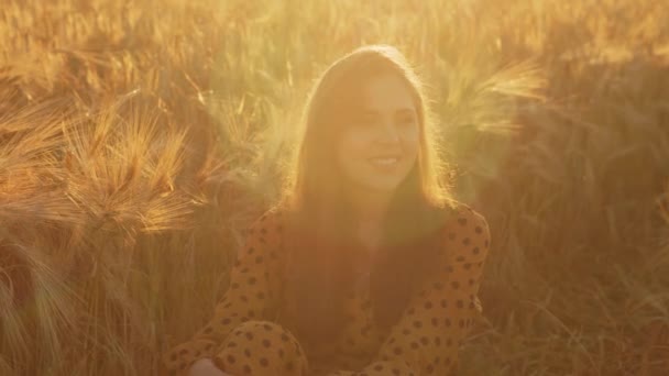 Retrato de cerca de una hermosa joven en un campo. Cara femenina en los rayos del atardecer. Concepto de libertad y felicidad. — Vídeo de stock