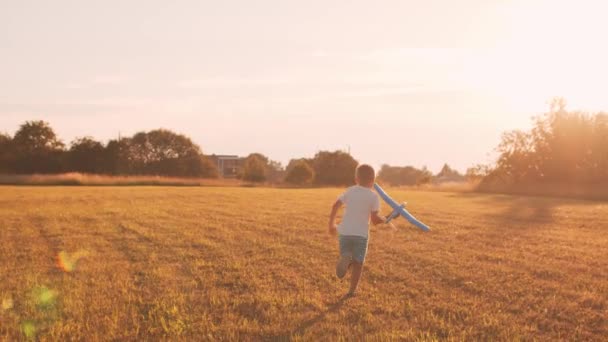 Pojken leker med ett leksaksplan på ett fält vid solnedgången. Begreppet barndom, frihet och inspiration. — Stockvideo