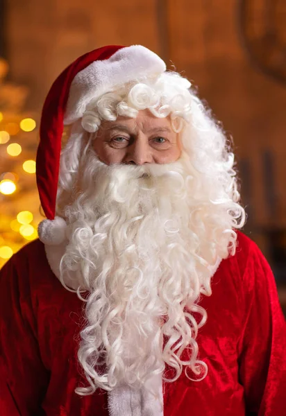 Workplace Santa Claus Cheerful Santa Working While Sitting Table Fireplace — Stock Photo, Image