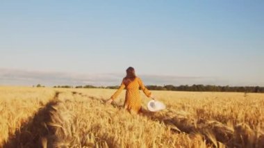 Günbatımında hamile bir kadın. Güzel bir genç kız bir çocuğun doğmasını umarak tarlada yürüyor. Annelik ve hamilelik kavramı.