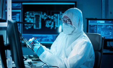 Bilim adamı mikro elektronik ve işlemcilerin araştırılması ve geliştirilmesi için modern bir bilim laboratuvarında çalışıyor. Mikroişlemci imalat işçisi bilgisayar teknolojisi ve ekipmanı kullanıyor.