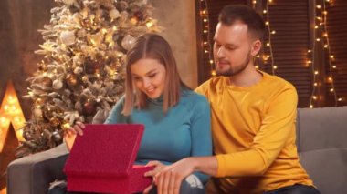 Genç ve sevgi dolu bir çift Noel 'i evde kutluyor. Genç adam ve kız arkadaşı arka planda Noel ağacı olan bir evde..