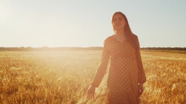 Mujer embarazada en los rayos del atardecer. Hermosa joven está caminando en el campo esperando el nacimiento de un niño. El concepto de maternidad y embarazo. — Vídeos de Stock