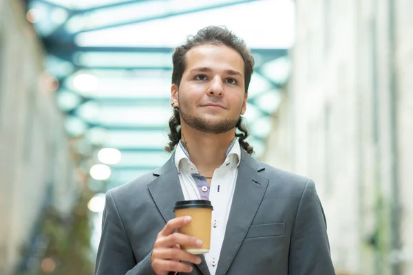 Young Successful Businessman Walking Street Man Casual Wear Business Freelance — Stock Photo, Image