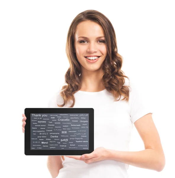 Girl holding a tablet — Stock Photo, Image