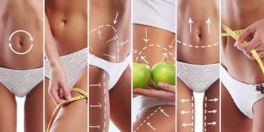 Sexy female bodies in white lingerie and apples clipart
