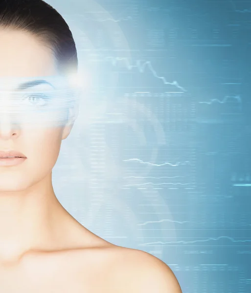 Portrait of a young woman with a hologram on her eyes — Stock Photo, Image