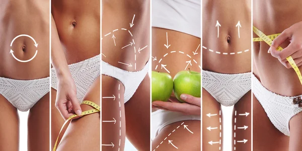 Sexy female bodies in white lingerie and apples — Stock Photo, Image