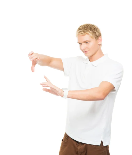 Teenage boy holding copy space  in hands — Stock Photo, Image