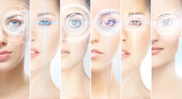 Frauen mit digitalem Laser-Hologramm auf den Augen — Stockfoto