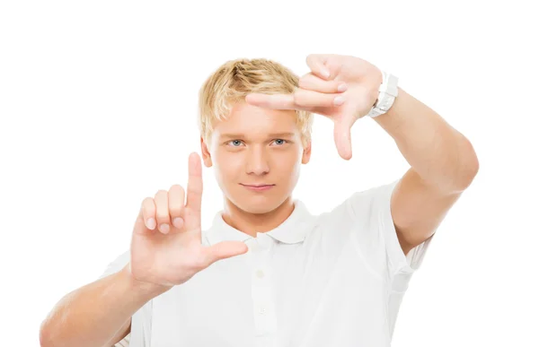 Pohledný muž s neviditelným dotykovým displejem — Stock fotografie