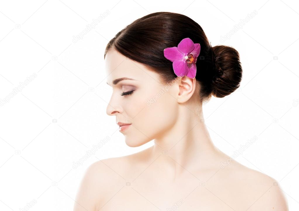 Woman with orchid flower in her hair Stock Photo by ©shmeljov 73899037 Woman with orchid flower in her hair Stock Photo by ©shmeljov 73899037