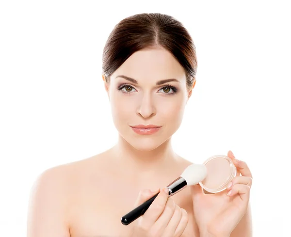 Woman with makeup powder and brush — Stock Photo, Image