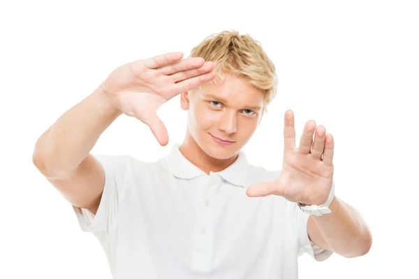 Teenage boy working with invisible touchscreen — Stock Photo, Image