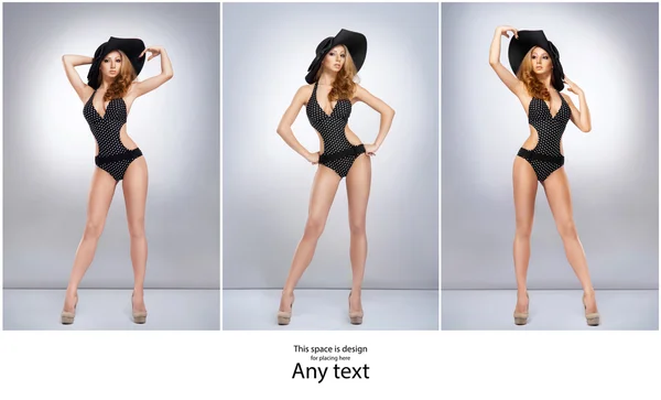 Modelka pózuje v plavkách a klobouk — Stock fotografie