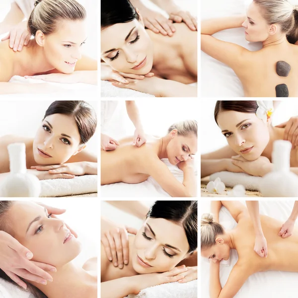 Spa e colagem de massagem com mulheres jovens — Fotografia de Stock