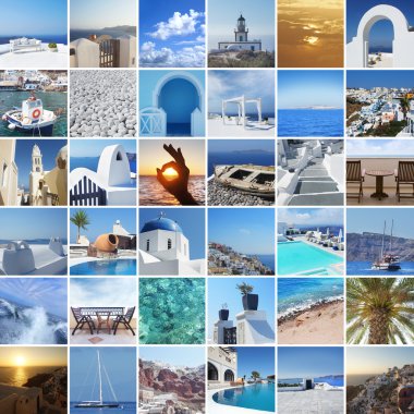 Farklı Santorini fotoğraf kümesi. Dinlenme ve Yunanistan kavramında seyahat
