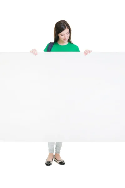 Mulher segurando banner em branco — Fotografia de Stock